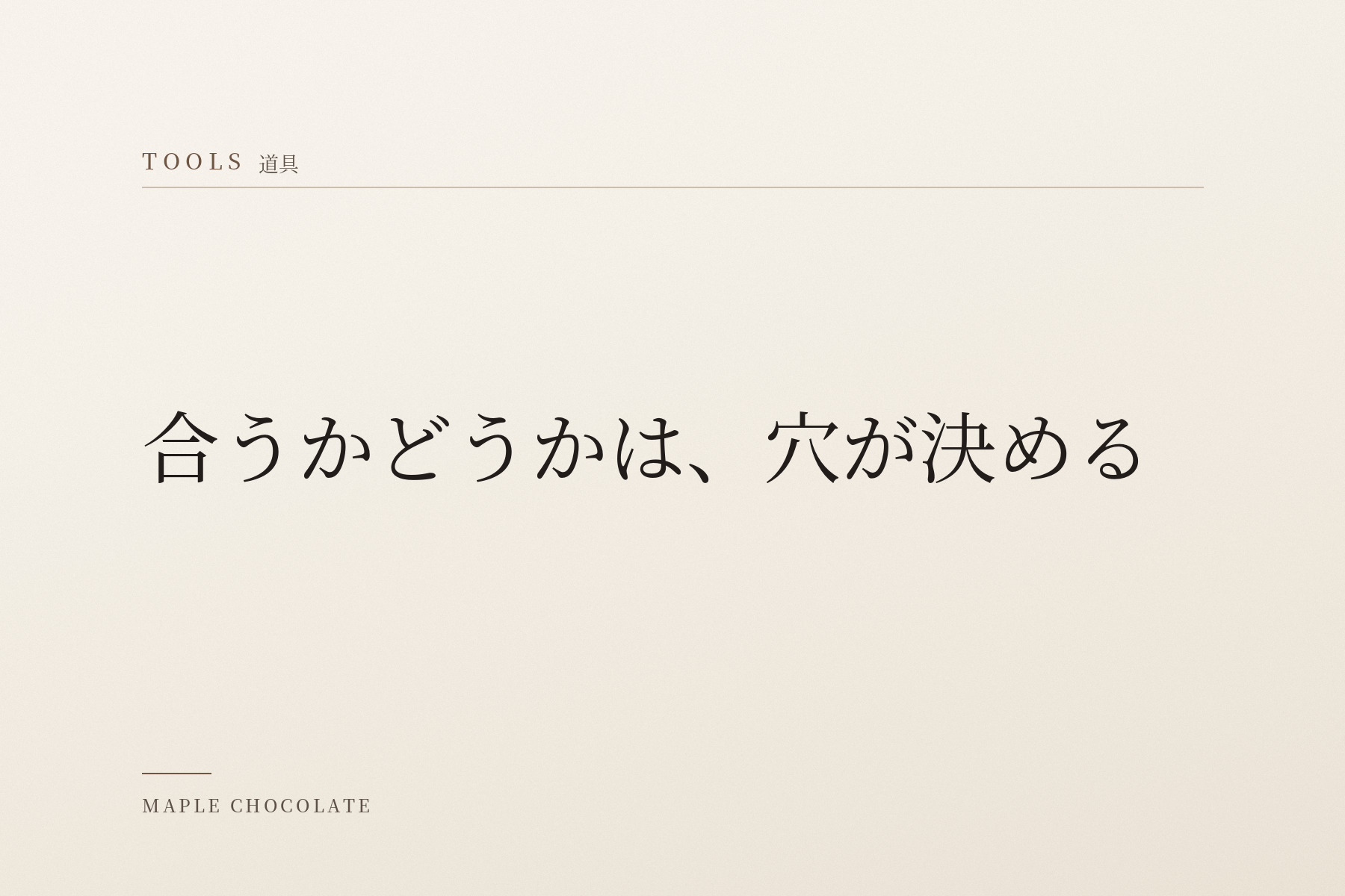 淡い生成りの地に、カテゴリー名「TOOLS 道具」と「合うかどうかは、穴が決める」だけを明朝体で組んだ、写真を使わない扉