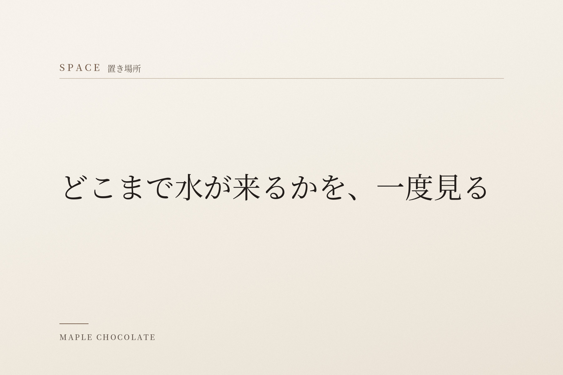 淡い生成りの地に、カテゴリー名「SPACE 置き場所」と「どこまで水が来るかを、一度見る」だけを明朝体で組んだ、写真を使わない扉